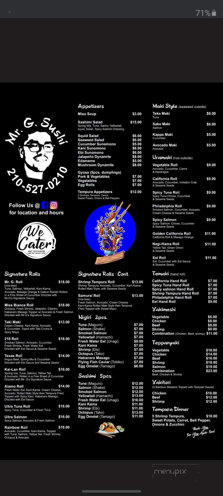 Mr. G. Sushi - San Antonio, TX menu_pic