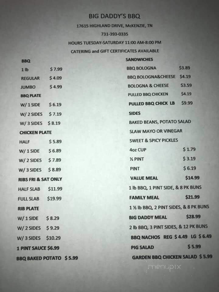 Big Daddy's Barbeque - McKenzie, TN menu_pic