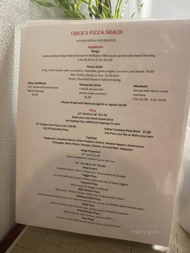 Crick's Pizza Shack - Princeton, NC menu_pic