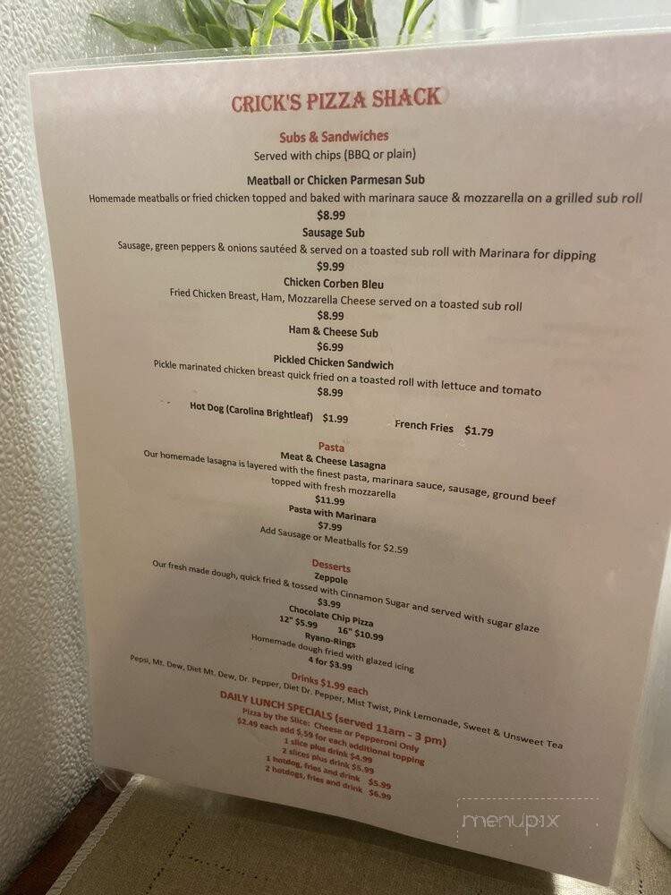 Crick's Pizza Shack - Princeton, NC menu_pic