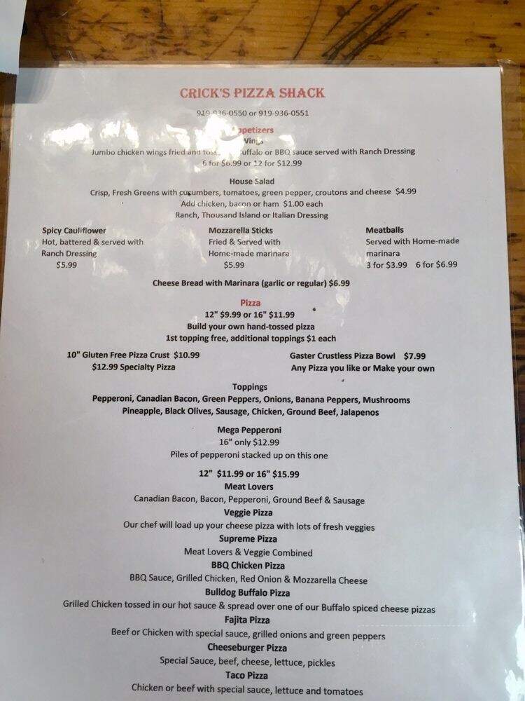 Crick's Pizza Shack - Princeton, NC menu_pic