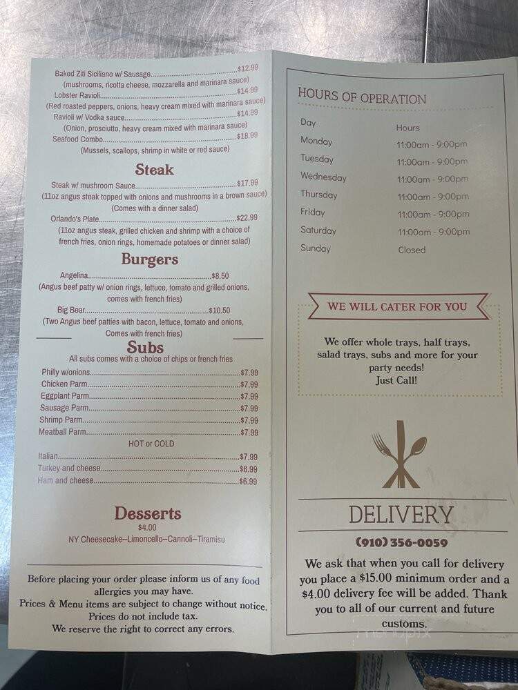 Angelina's Pizza and Subs - Lake Waccamaw, NC menu_pic