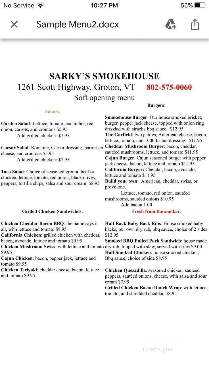 Sarky's Smokehouse - Groton, VT menu_pic