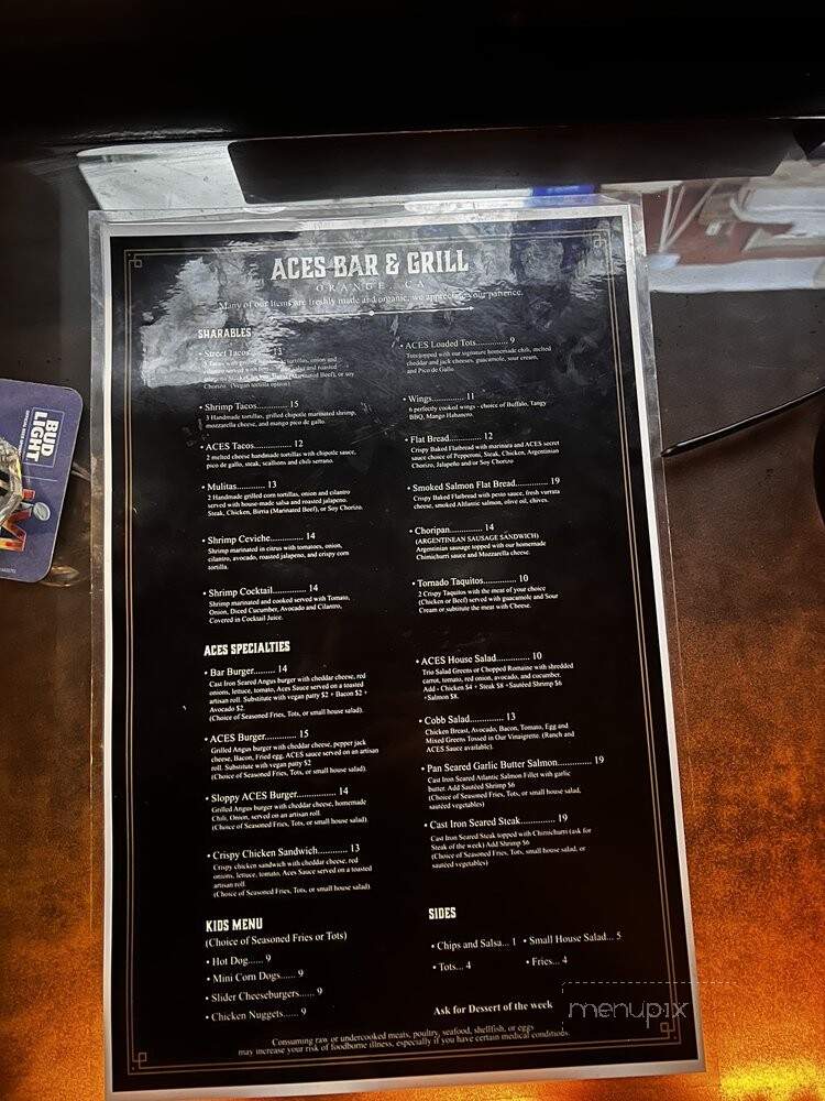 Aces Bar & Grill - Orange, CA menu_pic