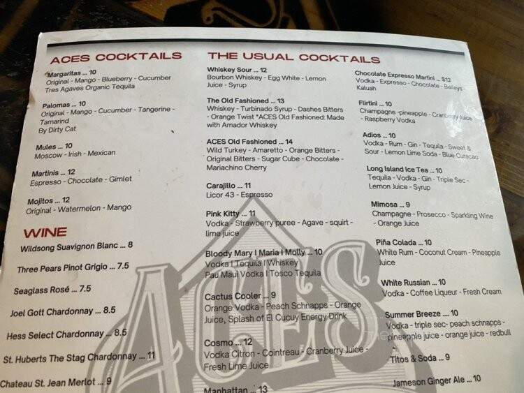 Aces Bar & Grill - Orange, CA menu_pic