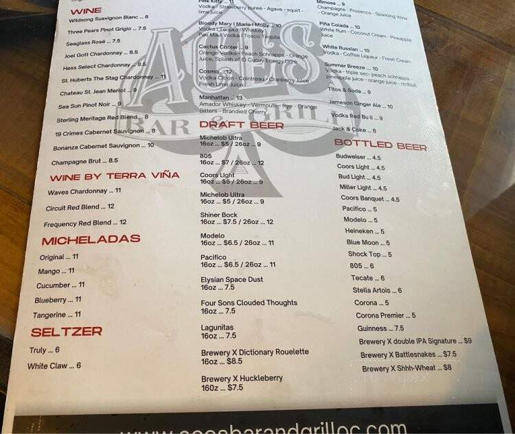 Aces Bar & Grill - Orange, CA menu_pic