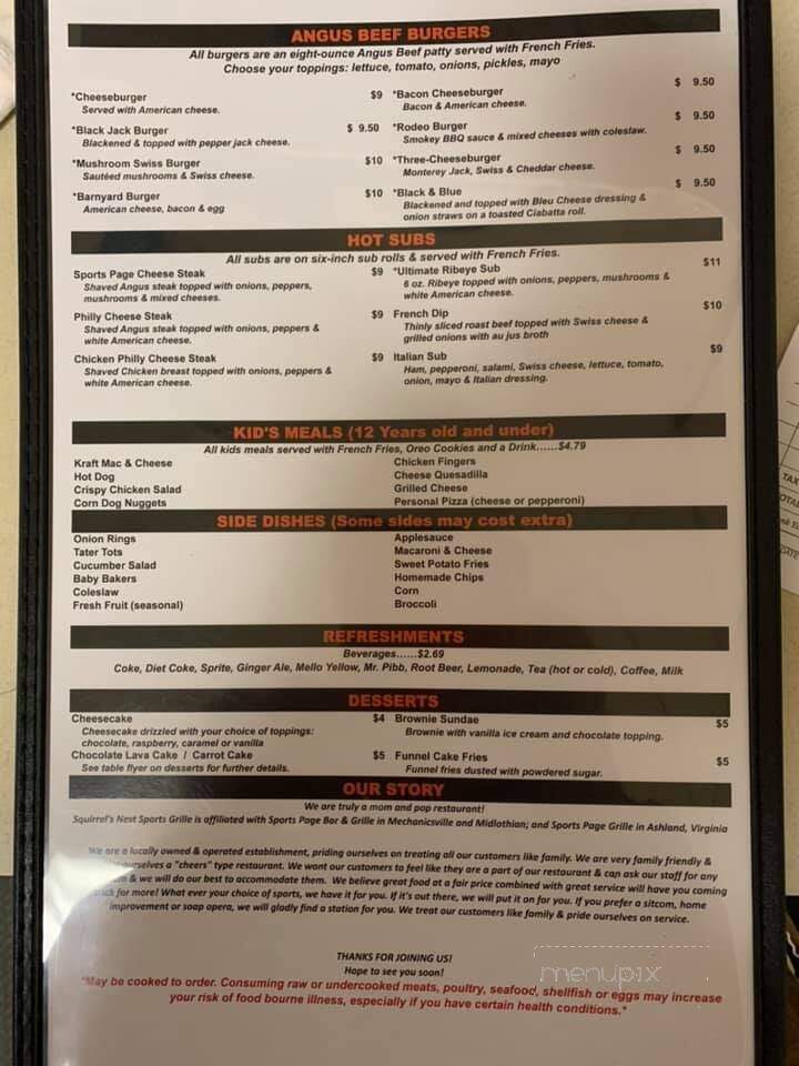 Squirrels Nest - Tappahannock, VA menu_pic