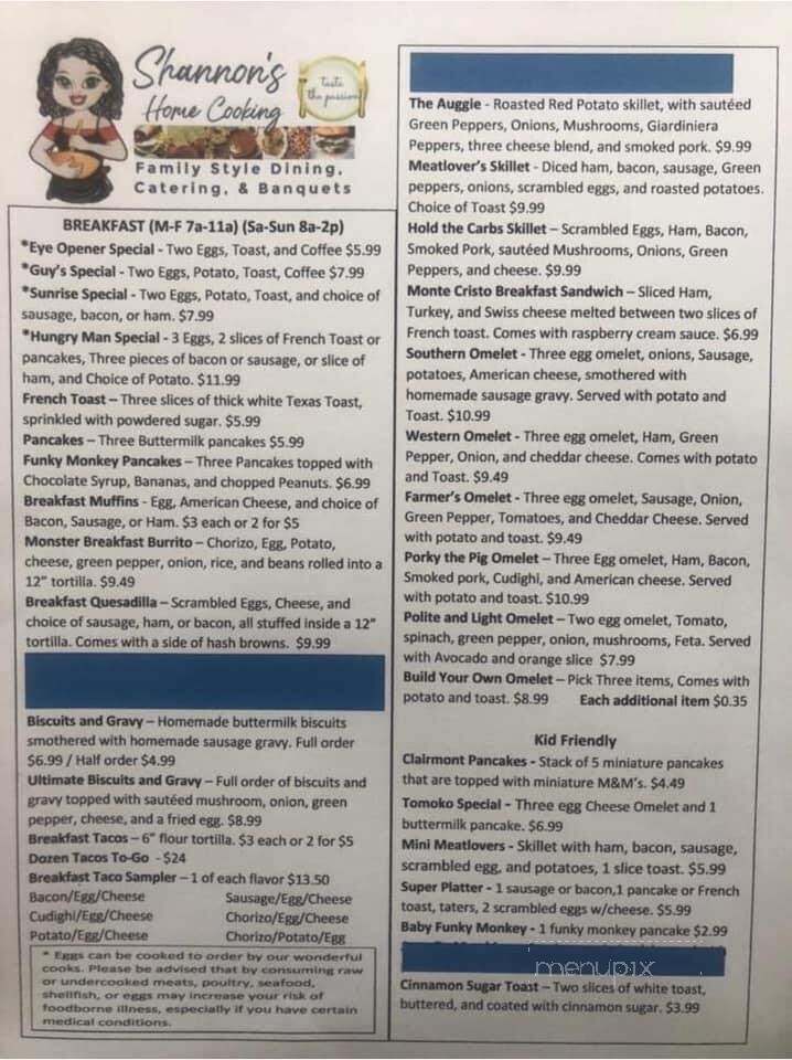 Shannon's Home Cooking - Gwinn, MI menu_pic