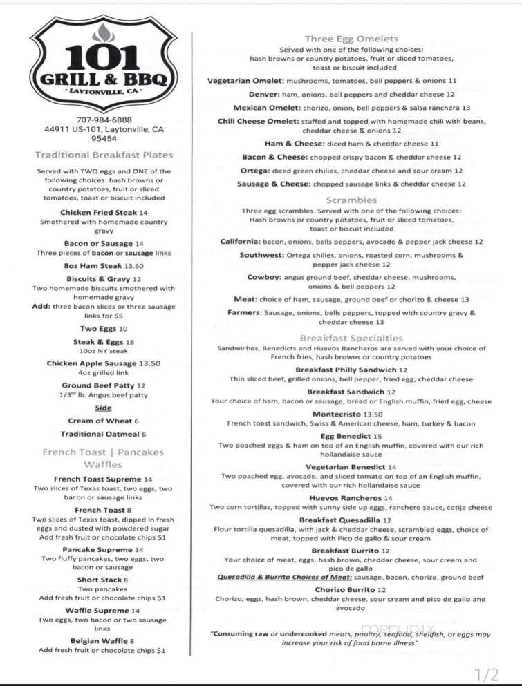 101 Grill & BBQ - Laytonville, CA menu_pic