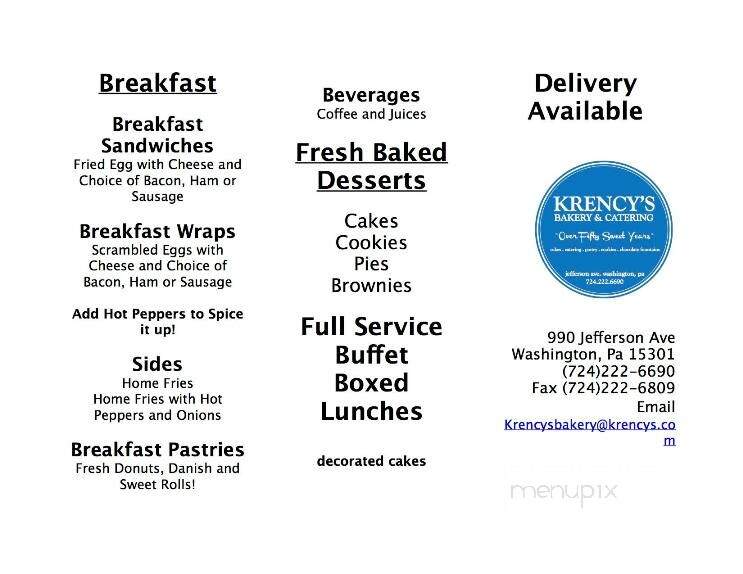 Krency's Bakery - Washington, PA menu_pic