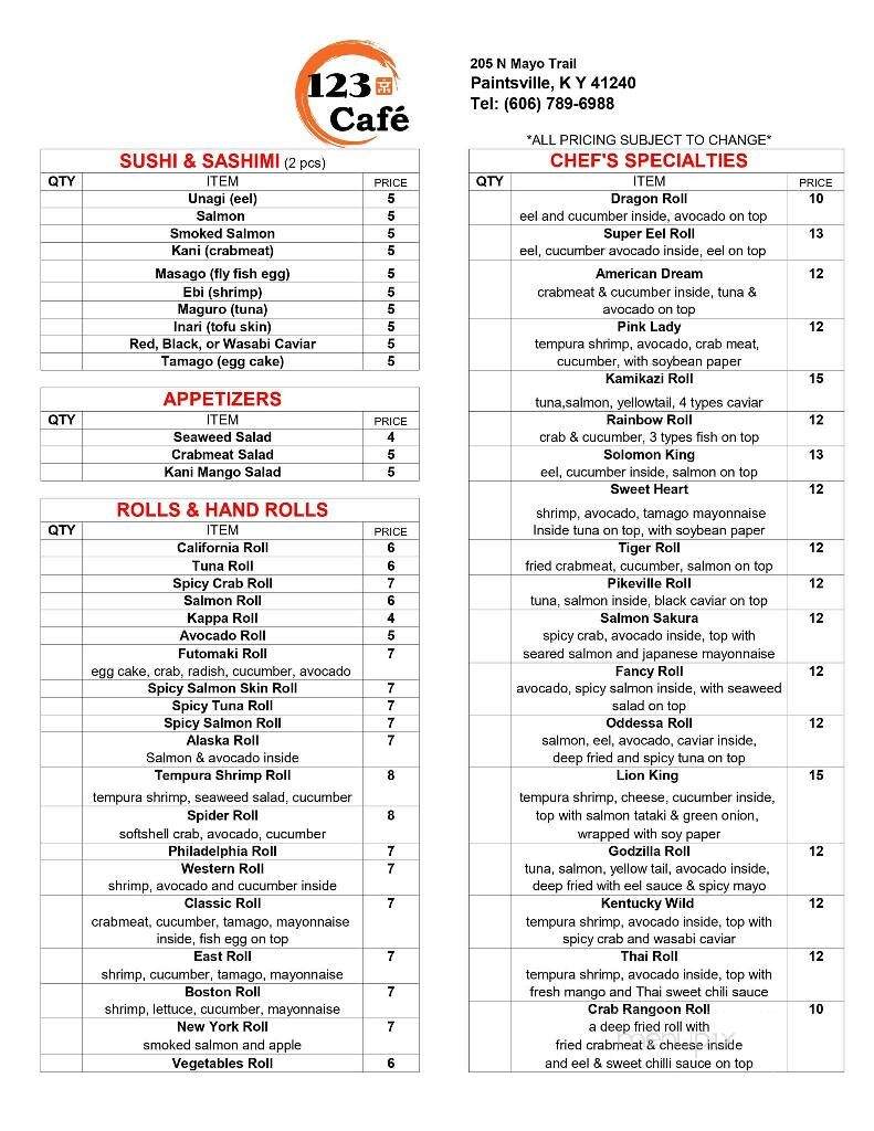 123 Cafe - Paintsville, KY menu_pic