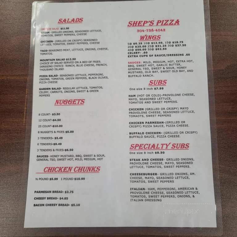 Shep's Pizza & Subs - Ridgeley, WV menu_pic