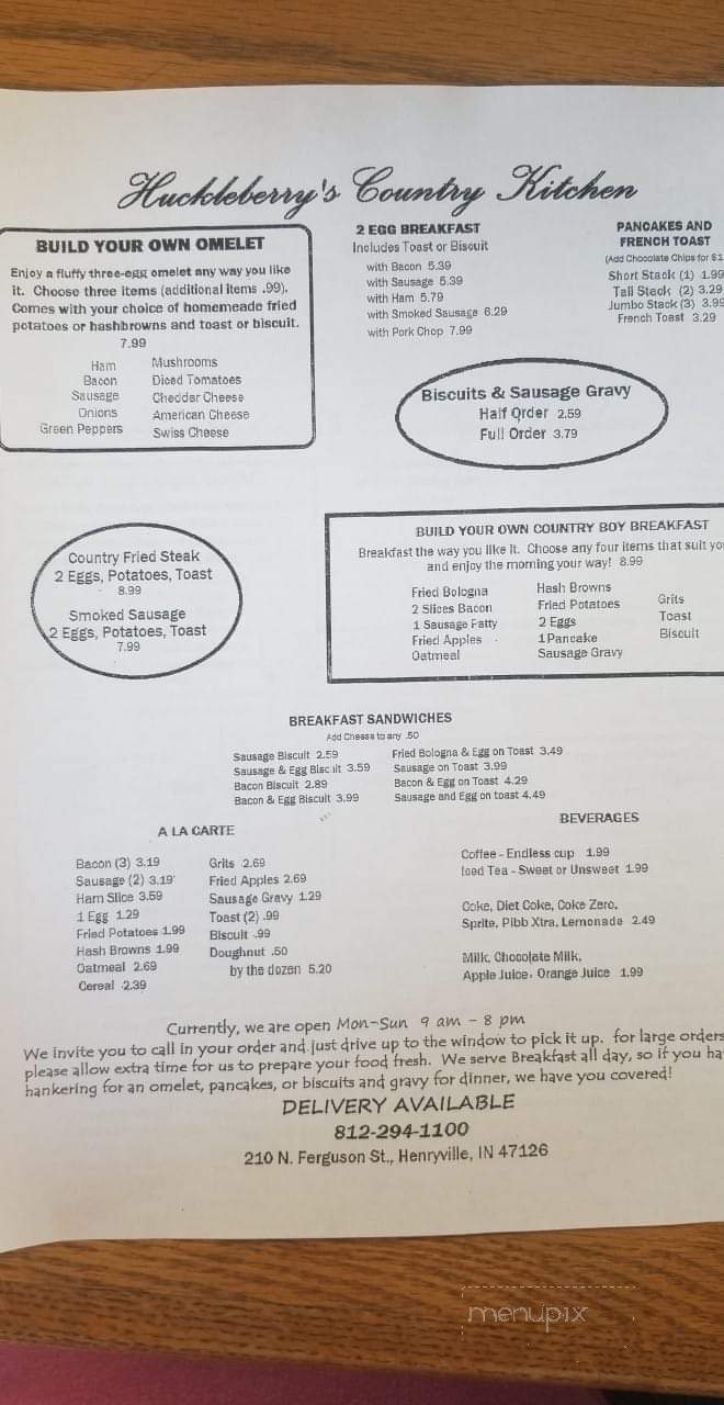Huckleberrys Country Kitchen - Henryville, IN menu_pic