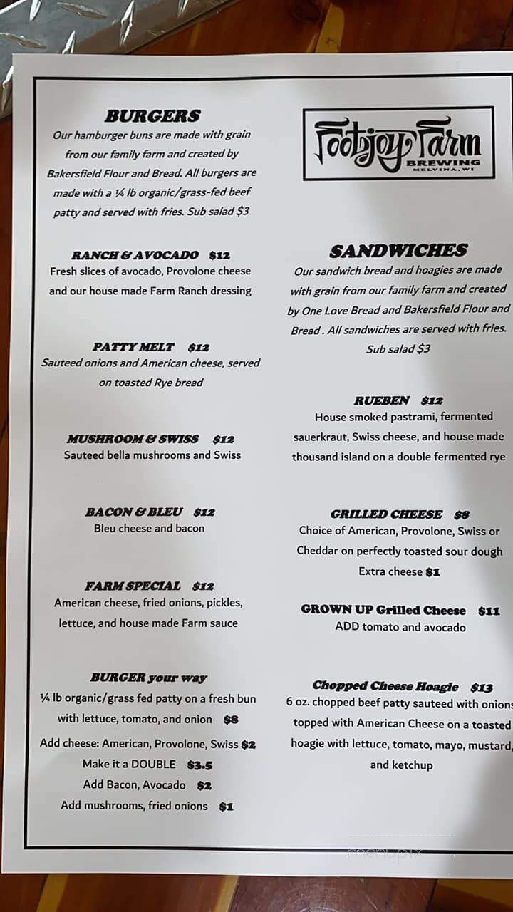 Footjoy Farm & Brewery - Cashton, WI menu_pic