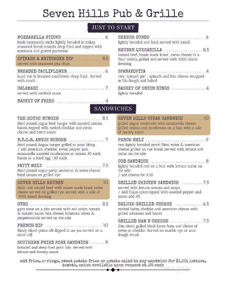 Seven Hills Pub & Grille - Port Washington, WI menu_pic