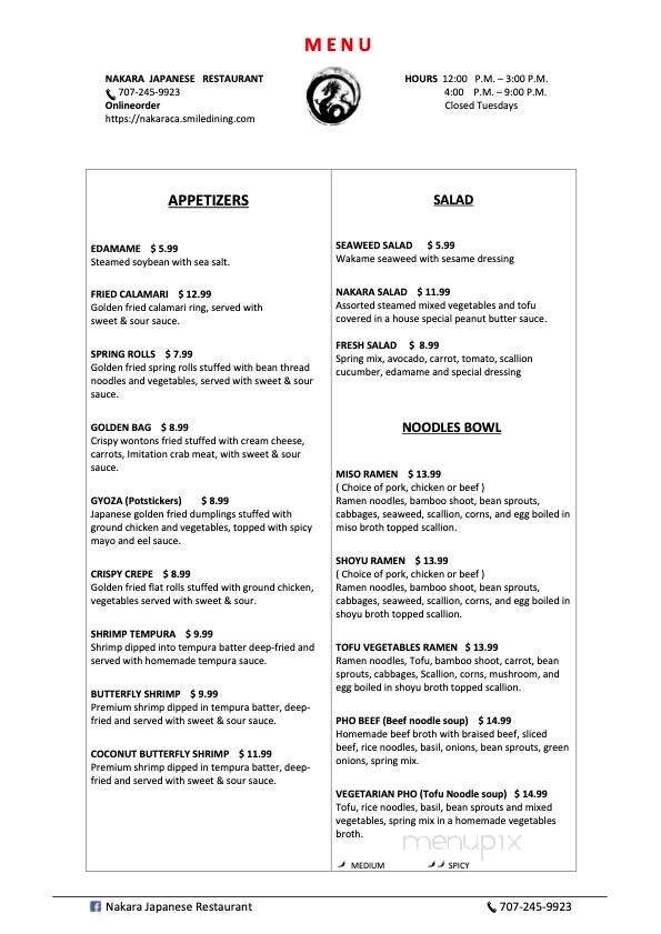 Nakara Japanese Restaurant - Lakeport, CA menu_pic