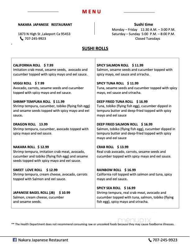 Nakara Japanese Restaurant - Lakeport, CA menu_pic