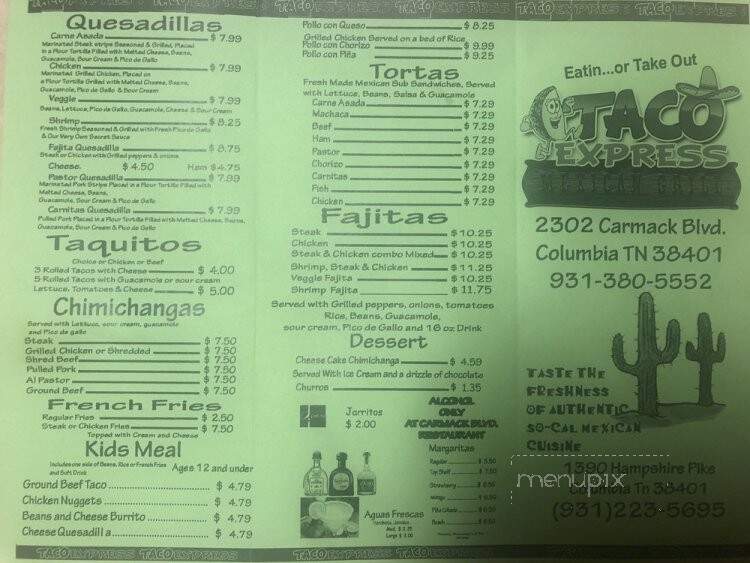 Taco Express Mexican Grill - Columbia, TN menu_pic
