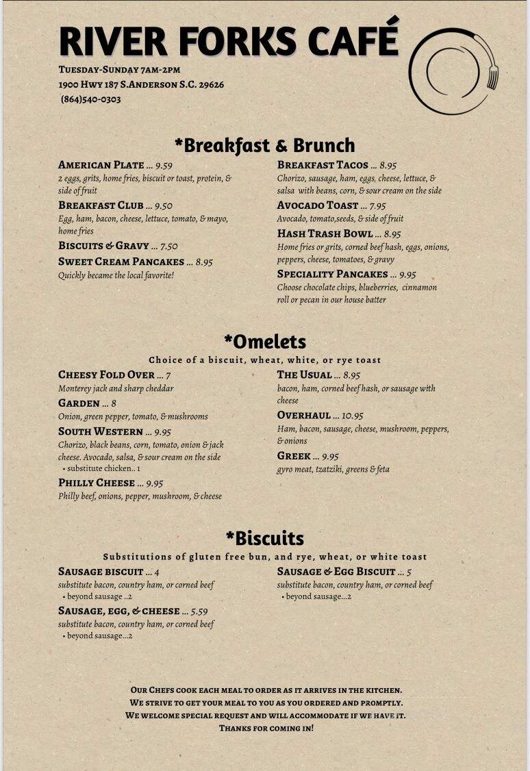 River Forks Cafe - Anderson, SC menu_pic
