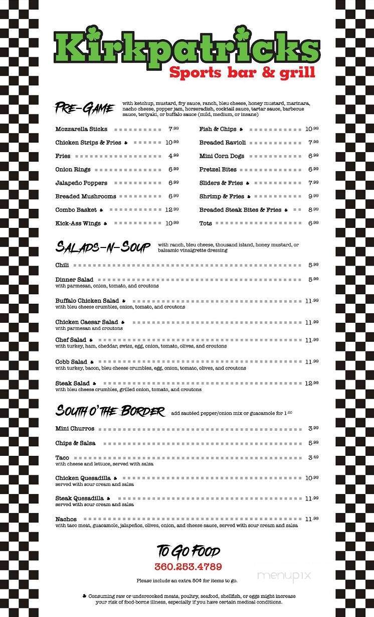 Kirkpatricks Sports Bar and Grill - Vancouver, WA menu_pic
