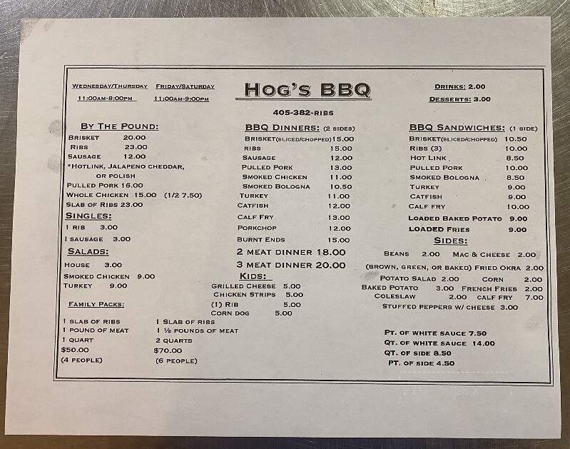 Hogs BBQ - Seminole, OK menu_pic