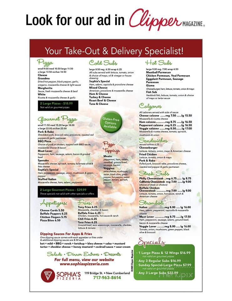 Sophia's Pizzeria - New Cumberland, PA menu_pic