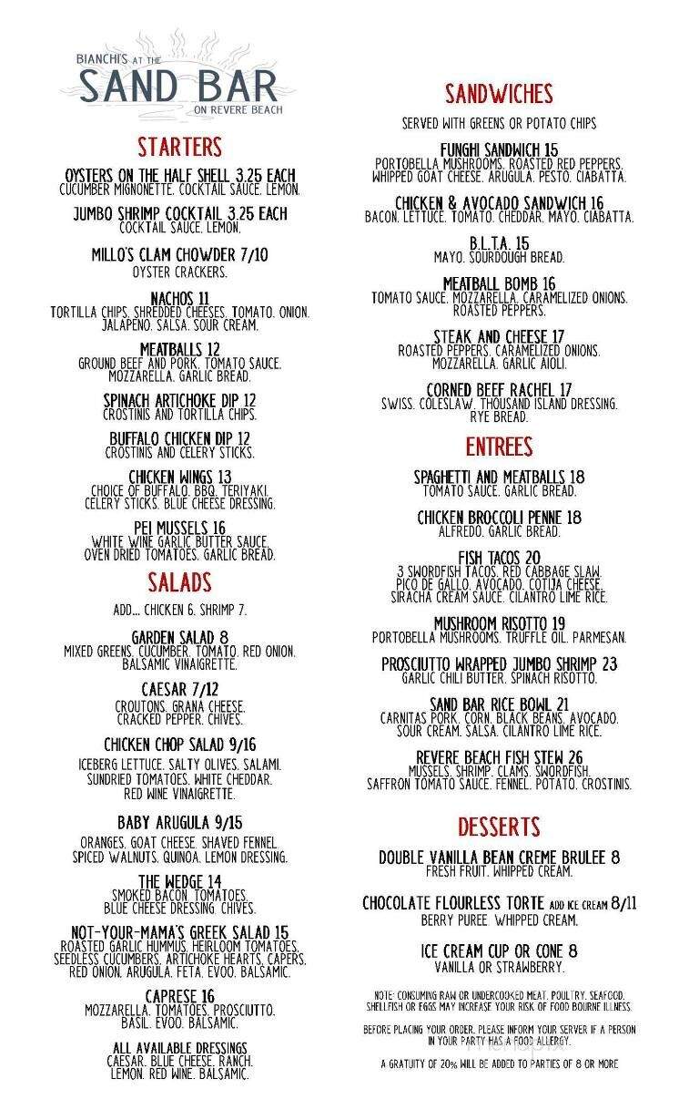 Bianchi's at the Sand Bar - Revere, MA menu_pic