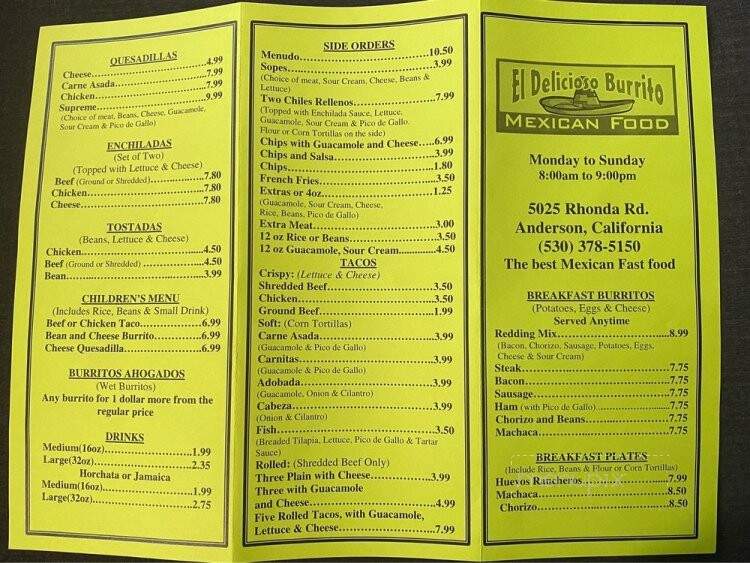 El Delicioso Burrito - Anderson, CA menu_pic