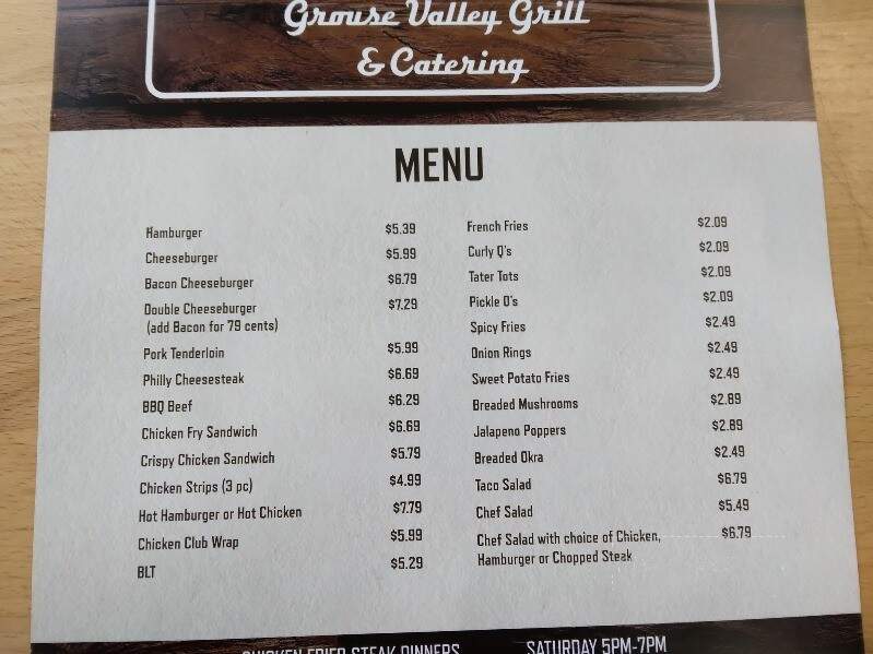 Grouse Valley Grill - Dexter, KS menu_pic