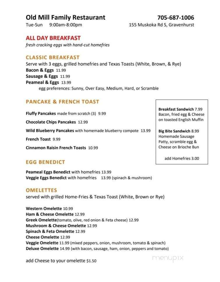 Old Mill Family Restaurant - Gravenhurst, ON menu_pic
