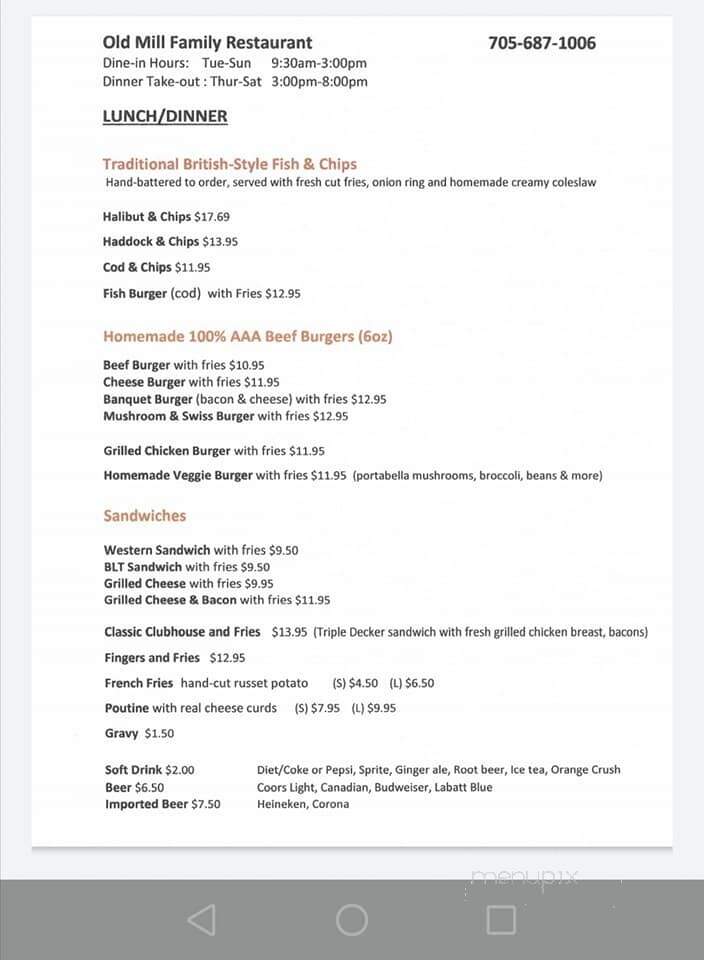 Old Mill Family Restaurant - Gravenhurst, ON menu_pic