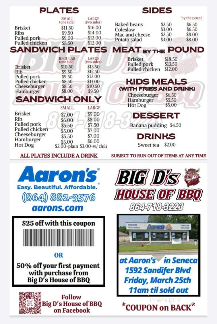 Big D's House of BBQ - West Union, SC menu_pic