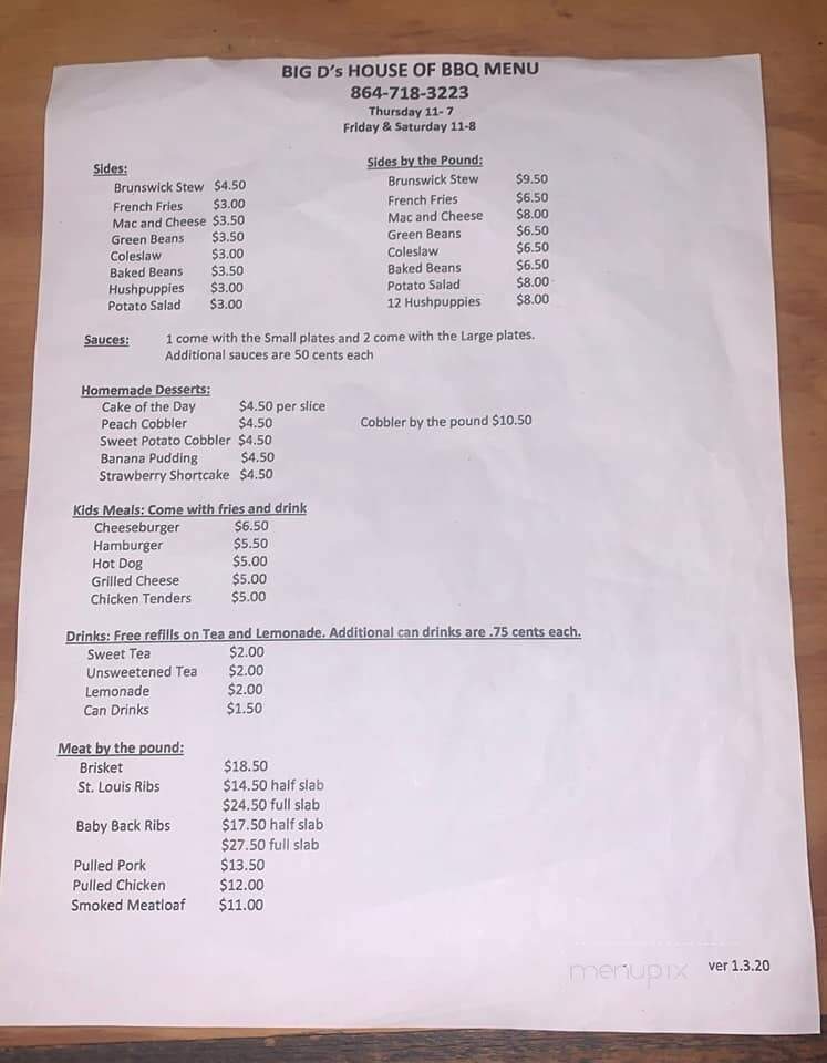 Big D's House of BBQ - West Union, SC menu_pic