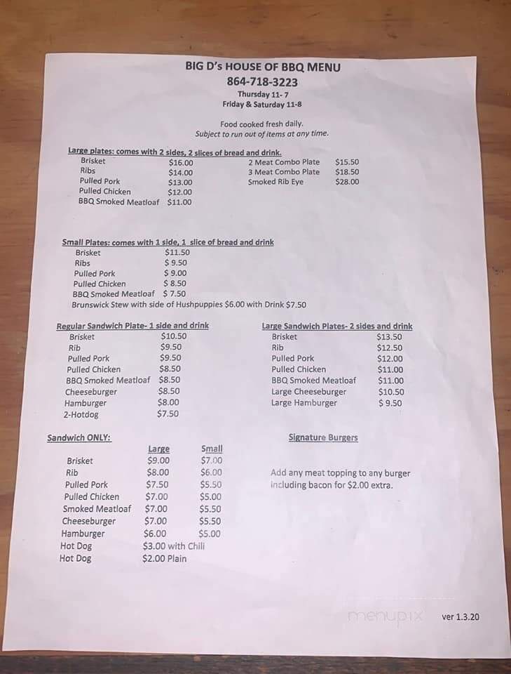 Big D's House of BBQ - West Union, SC menu_pic