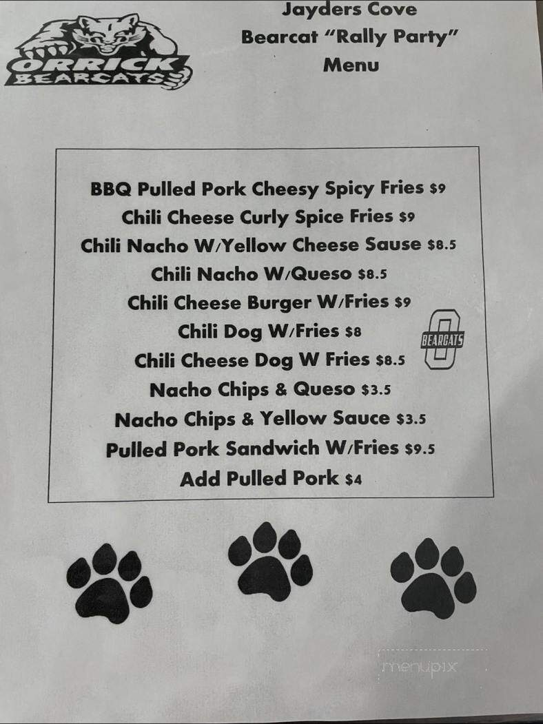 Jayder's Cove - Orrick, MO menu_pic