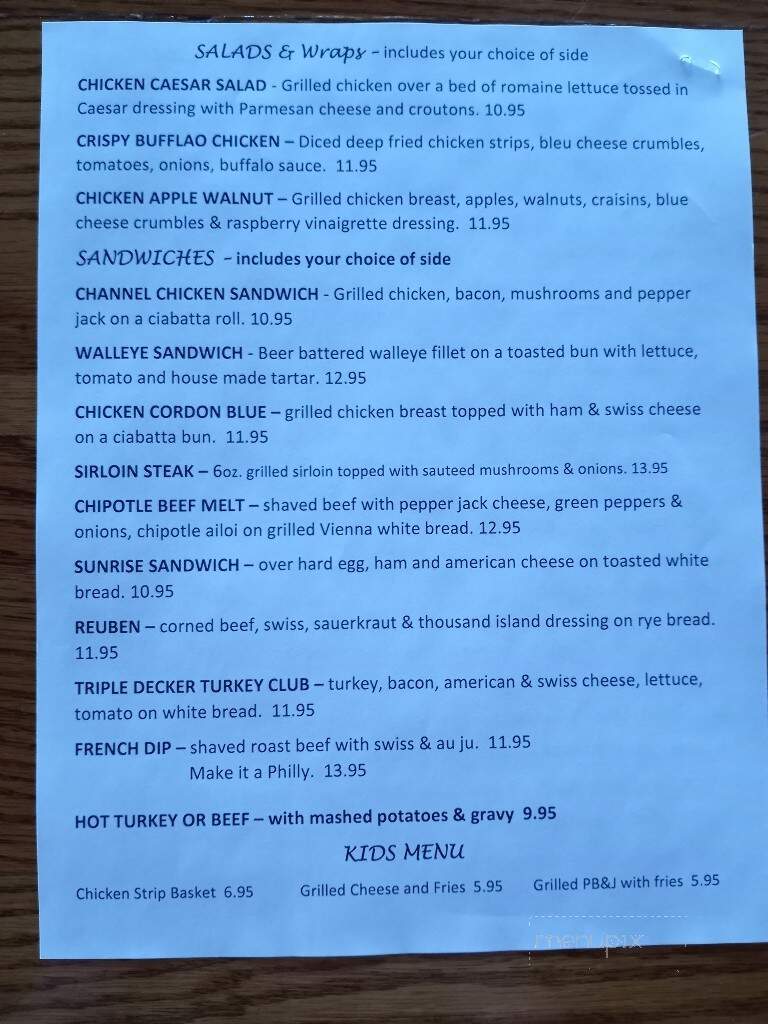 The Channel Bar & Grill - Outing, MN menu_pic