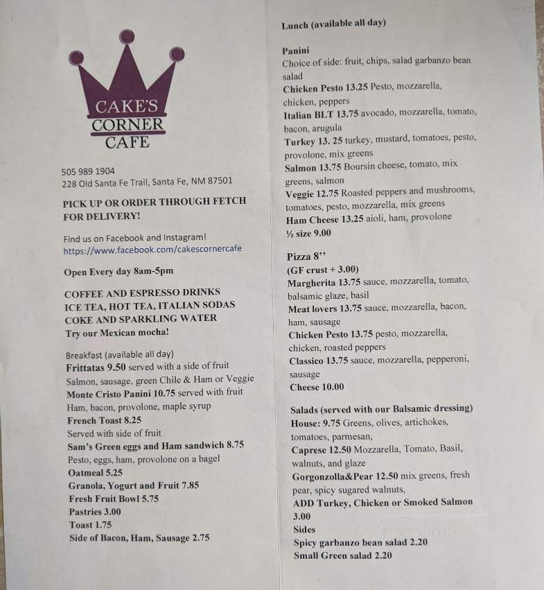 Cake's Corner Cafe - Santa Fe, NM menu_pic