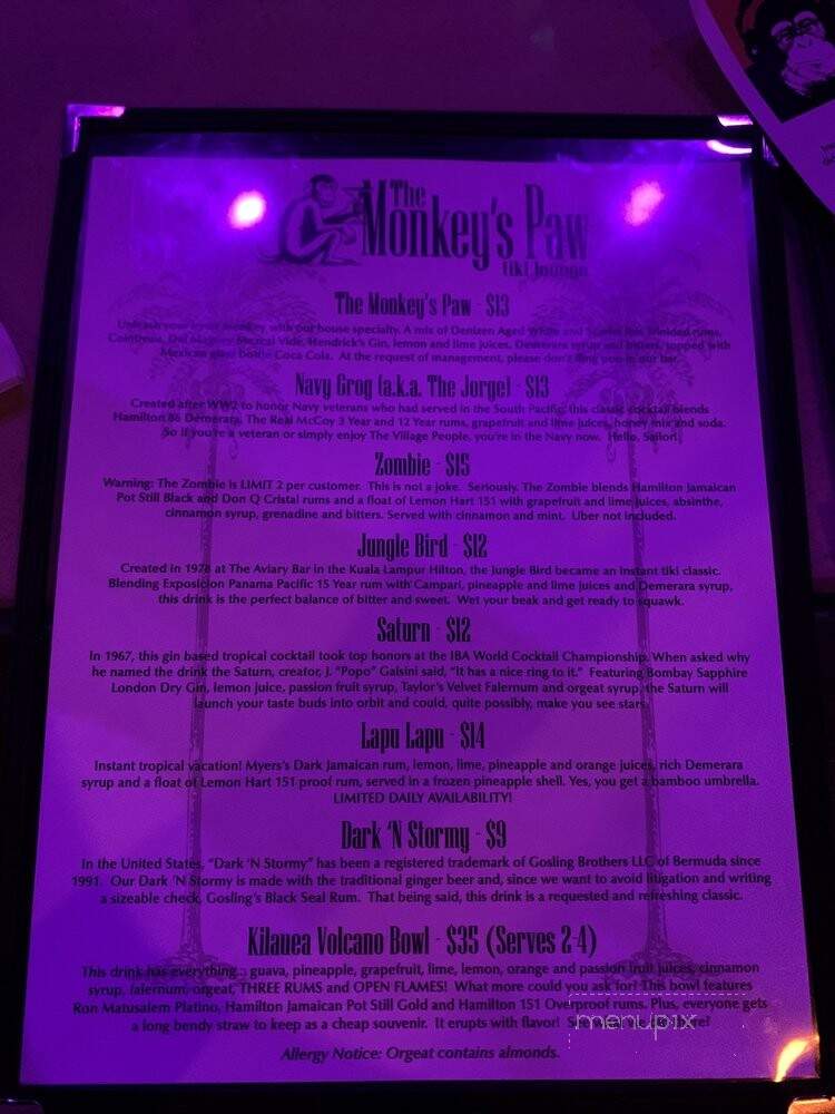 The Monkey's Paw Tiki Lounge - Macon, GA menu_pic