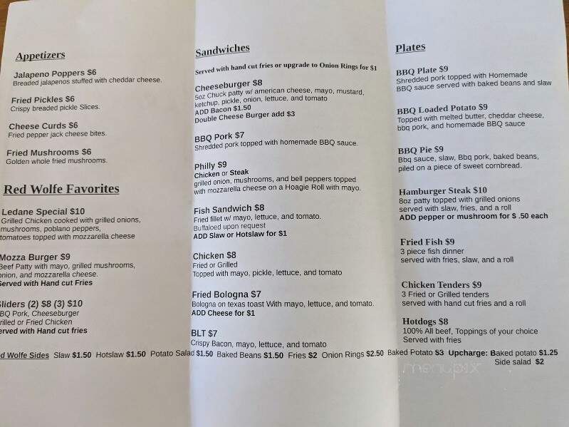 Red Wolfe Grill - Cohutta, GA menu_pic