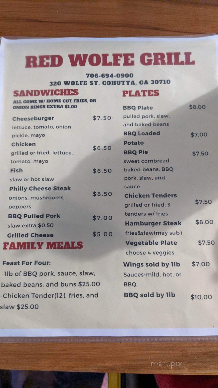 Red Wolfe Grill - Cohutta, GA menu_pic