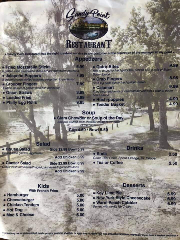 Sandy Point Restaurant - Branford, FL menu_pic
