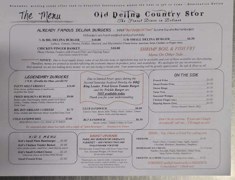 Old Delina Country Store - Cornersville, TN menu_pic