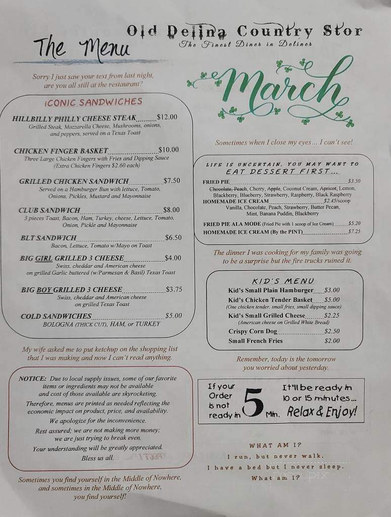Old Delina Country Store - Cornersville, TN menu_pic