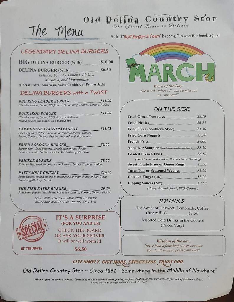 Old Delina Country Store - Cornersville, TN menu_pic