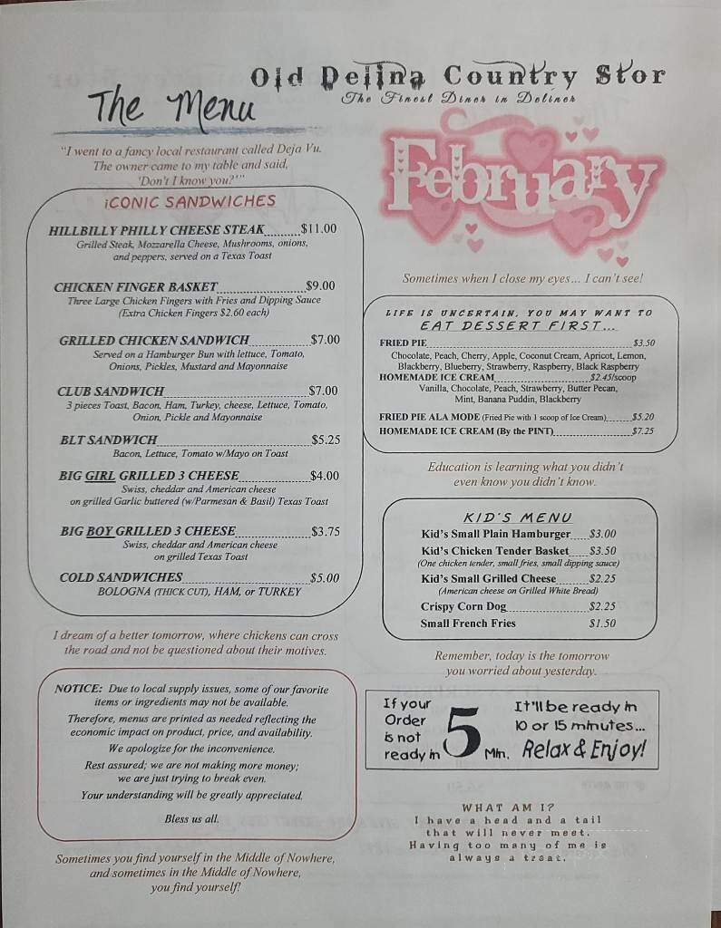 Old Delina Country Store - Cornersville, TN menu_pic