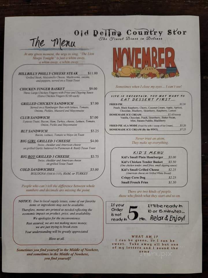 Old Delina Country Store - Cornersville, TN menu_pic