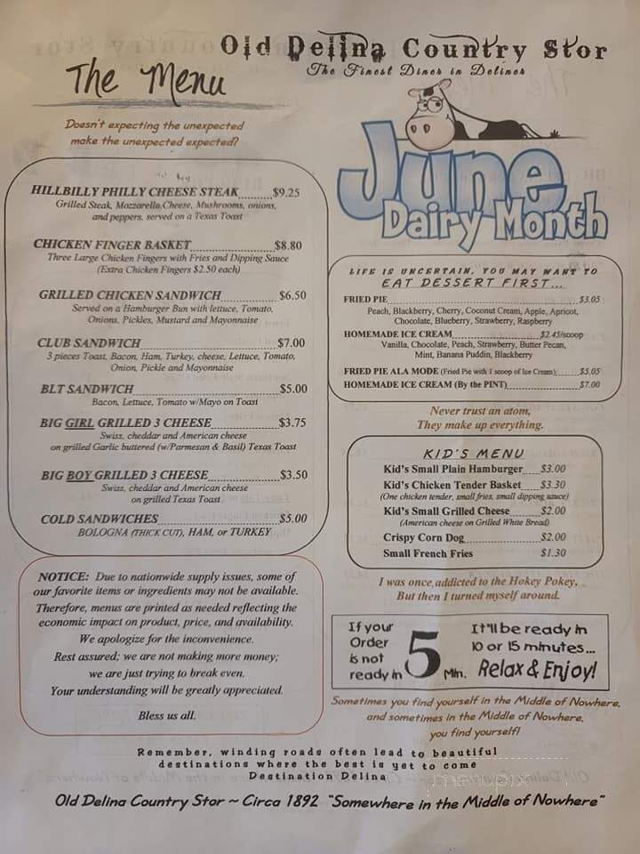 Old Delina Country Store - Cornersville, TN menu_pic