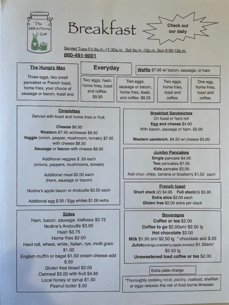The Milk and Honey Grill - Goshen, CT menu_pic