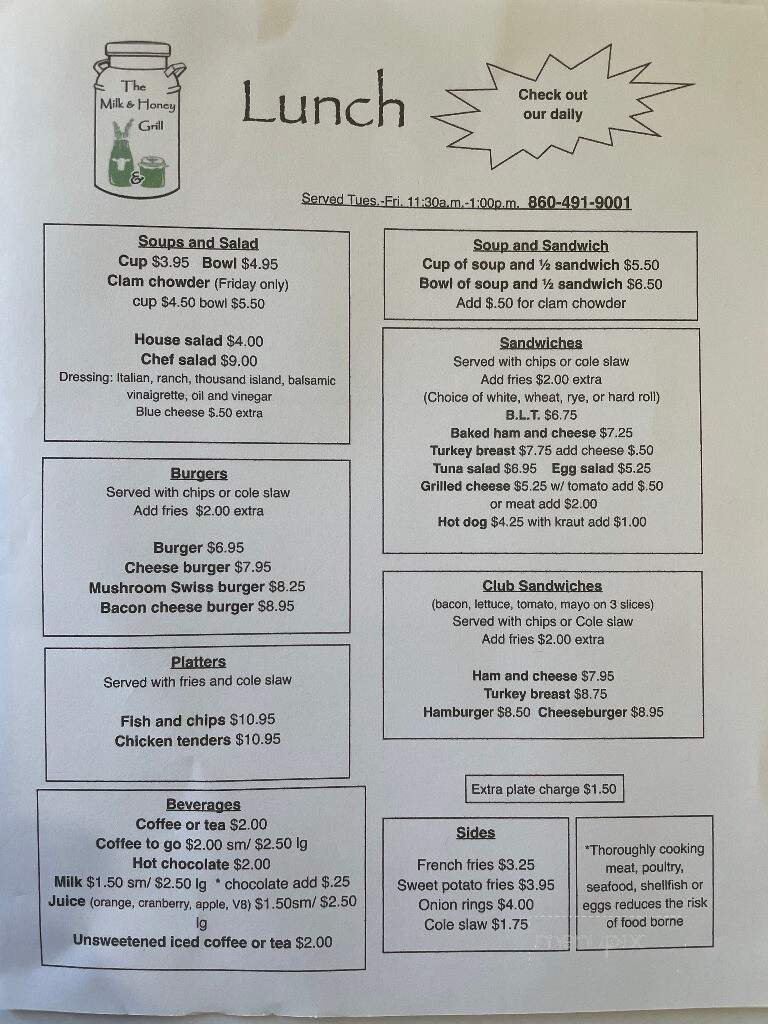The Milk and Honey Grill - Goshen, CT menu_pic