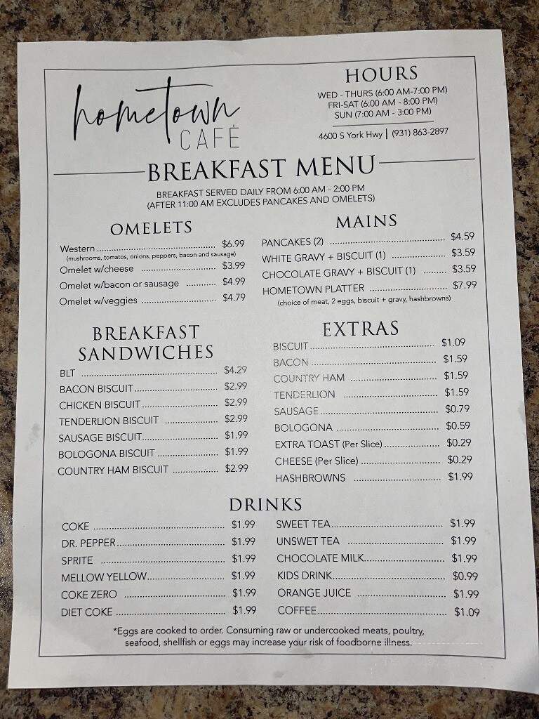 Hometown Cafe - Grimsley, TN menu_pic
